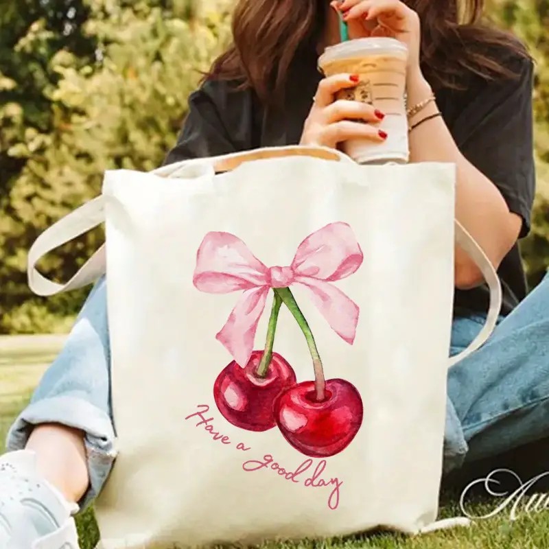 Tote Bag Canvas Print - Холщовая большая сумка с вишневым бантом,