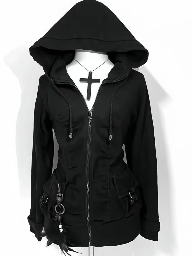 Street Fashion Zip Up Hoodie - Черная модная новинка: женская повседневная толстовка